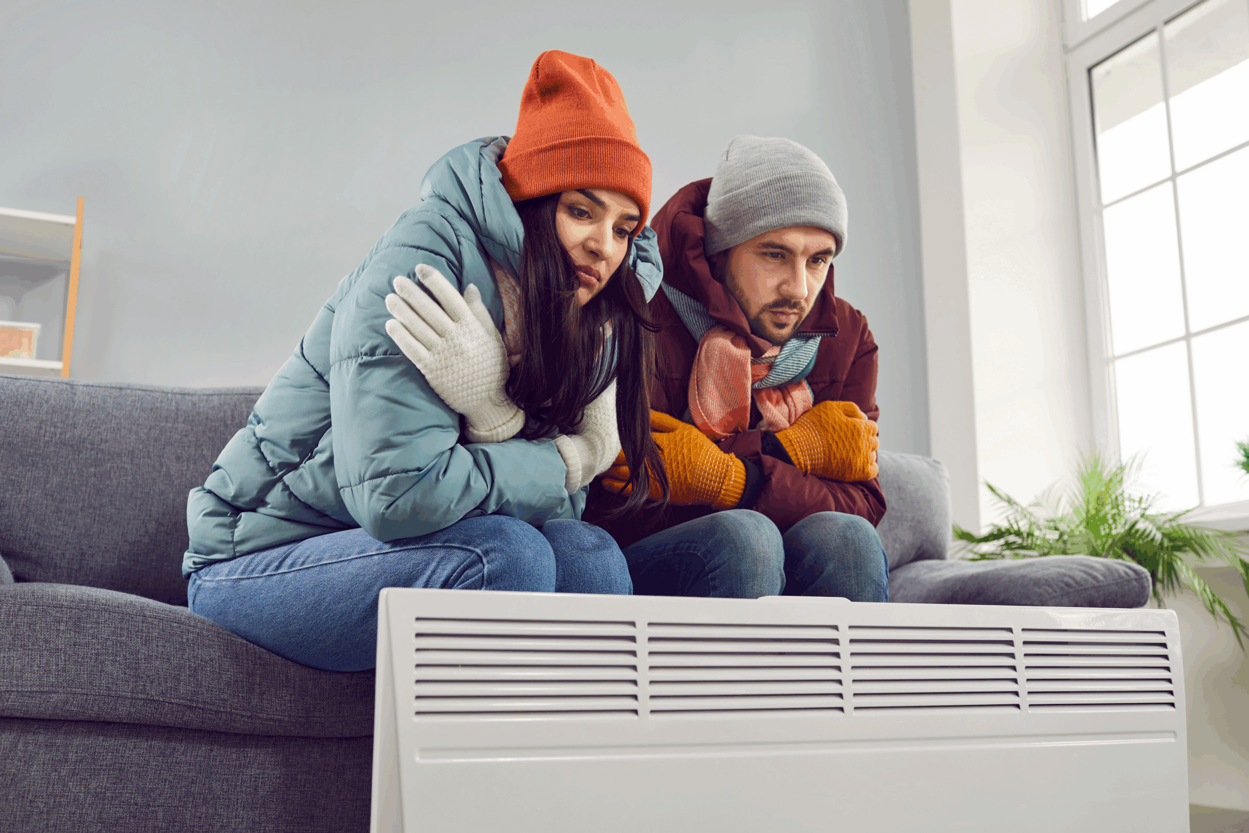 man and woman warm their hands on the heater during the winter freeze